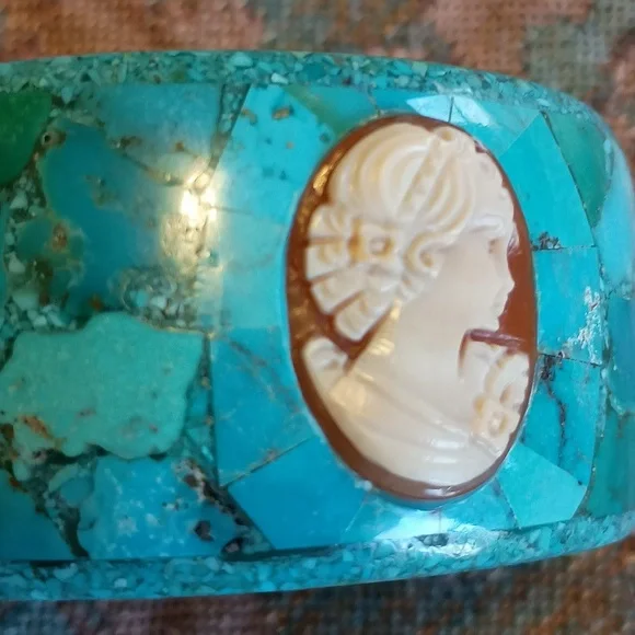 Unique Turquoise & Cameo Mosaic Bangle Bracelet - Picture 8 of 9